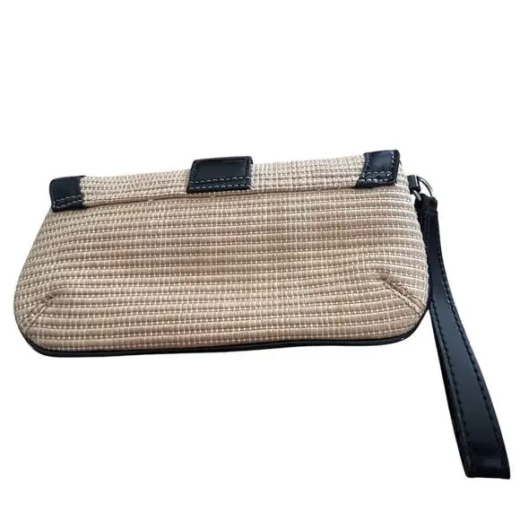 Ann Taylor Wicker Almond/Black Patent Leather Clutch With Silver Buckle Size OS - Picture 4 of 10